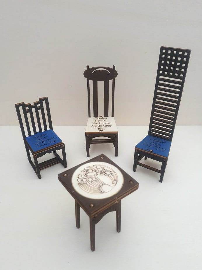 Charles Rennie Mackintosh Table and Chair Dolls house Scale (Set C) Coloured A6+ x4 - Fun Pop Up 3D Wooden Gift Card | Craft
