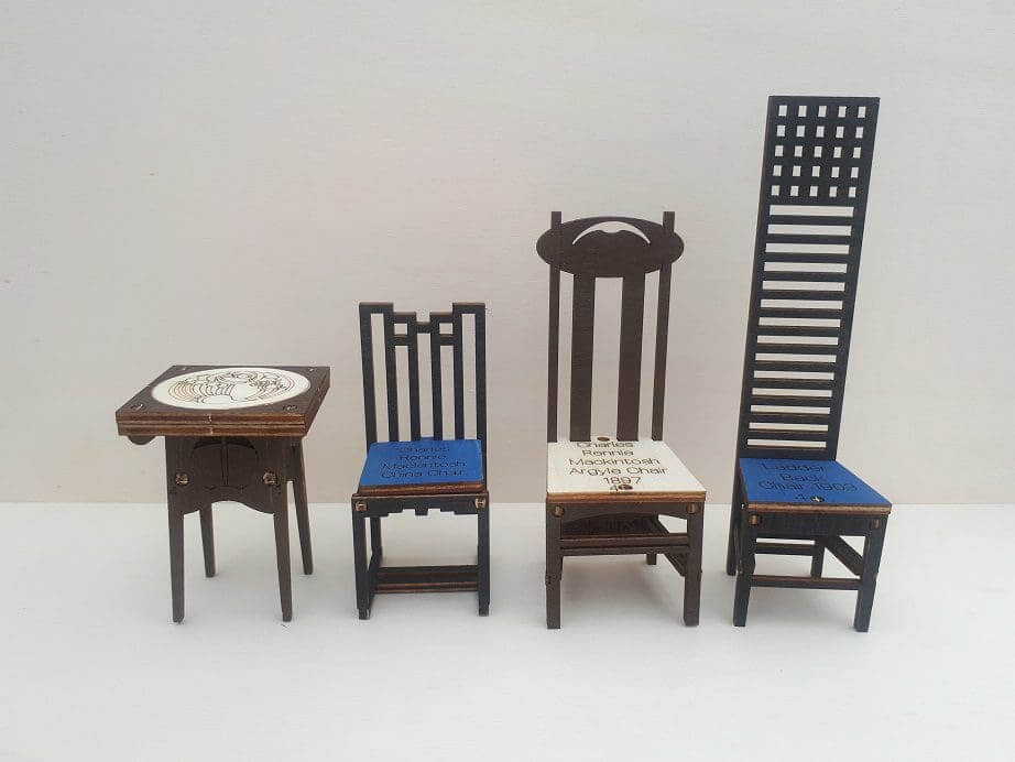 Charles Rennie Mackintosh Table and Chair Dolls house Scale (Set C) Coloured A6+ x4 - Fun Pop Up 3D Wooden Gift Card | Craft
