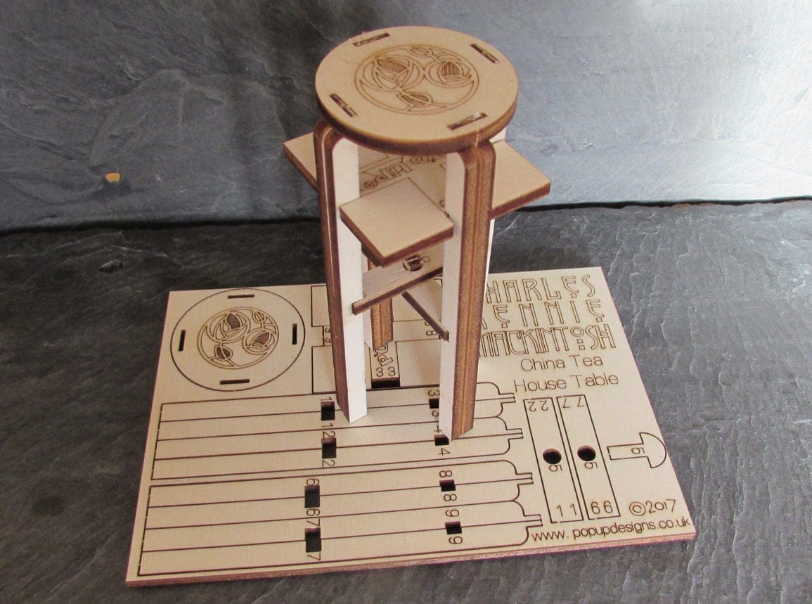 Charles Rennie Mackintosh China Tea Table A6 wood gift in 4mm - Fun Pop Up 3D Wooden Gift Card | Craft