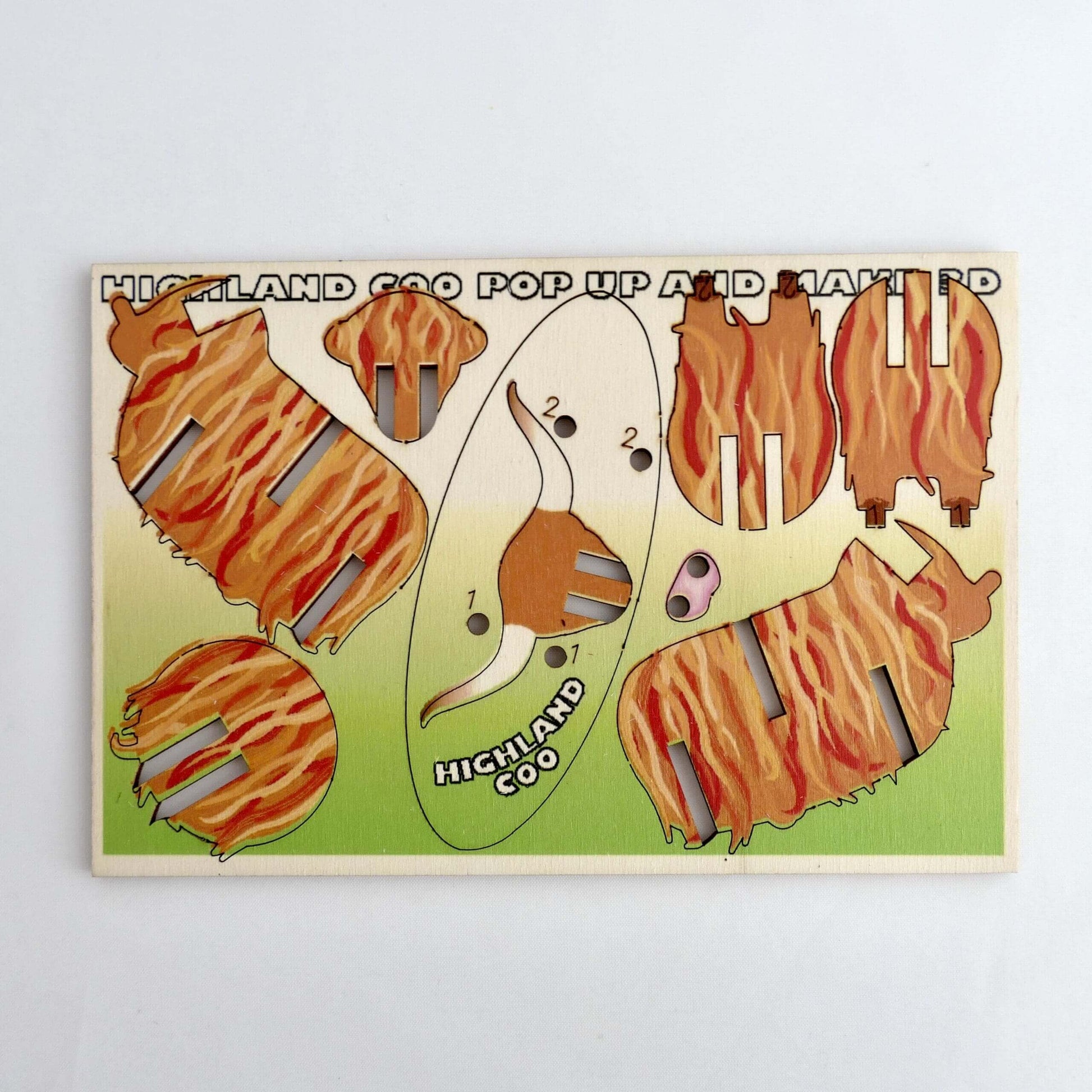 Highland Coo Full Coloured Wood Gift in A6, A5 and A4 - Fun Pop Up 3D Wooden Gift Card | Craft