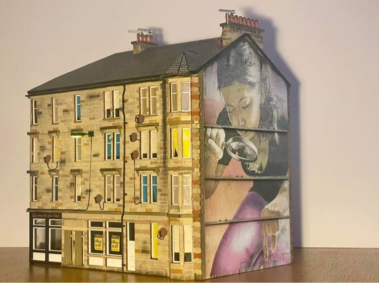 Glasgow Tenement Corner Pop Up Design 3D Wooden Interactive Gift Card DIY Craft Model Builds