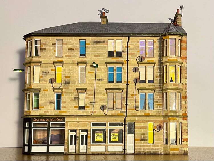 Glasgow Tenement Corner Pop Up Design 3D Wooden Interactive Gift Card DIY Craft Model Builds