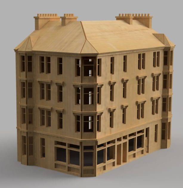 Glasgow Tenement Corner Pop Up Design 3D Wooden Interactive Gift Card DIY Craft Model Builds